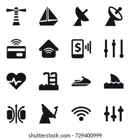 16 vector icon set : lighthouse, boat, satellite antenna, tap to pay, wireless home, mobile pay, equalizer, pool, jet ski, shark flipper