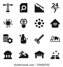 16 Vector Icon Set : Lighthouse, Search Document, Crisis, 24/7, Chip, Bulb Brain, Round Around, Wireless Home, Virtual Mining, Cleanser, Project, Goverment House, Surfer, Garage, Clean Floor