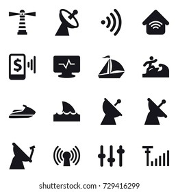 16 vector icon set : lighthouse, satellite antenna, wireless, wireless home, mobile pay, sail boat, surfer, jet ski, shark flipper