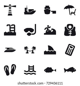 16 vector icon set : lighthouse, lounger, pool, diving mask, surfer, life vest, yacht, palm hammock, shark flipper, inflatable mattress, flip-flops, fish