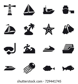 16 vector icon set : lighthouse, boat, sail boat, island, starfish, flippers, diving mask, surfer, jet ski, cruise ship, yacht, jellyfish, fish