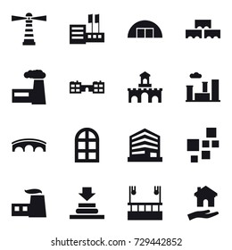 16 vector icon set : lighthouse, store, hangare, block wall, factory, school, fort, city, bridge, arch window, skyscapers cleaning, housing