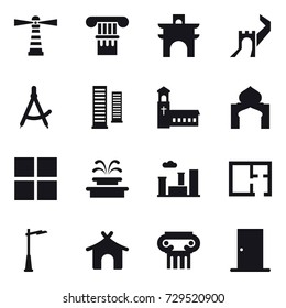 16 vector icon set : lighthouse, column, arch, great wall, draw compass, skyscrapers, church, minaret, window, fountain, city, plan, outdoor light, bungalow, antique column, door