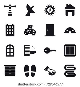 16 vector icon set : lighthouse, satellite antenna, sun power, home, building, modern architecture, door, dome house, arch window, hotel, key, power switch, chest of drawers, slippers, wiping