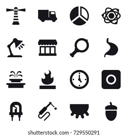 16 vector icon set : lighthouse, truck, diagram, atom, table lamp, market, magnifier, fountain, watch, ring button, udder, acorn