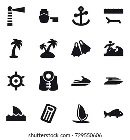 16 vector icon set : lighthouse, lounger, palm, island, flippers, surfer, handwheel, life vest, jet ski, yacht, shark flipper, inflatable mattress, windsurfing, fish