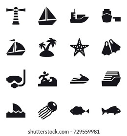 16 vector icon set : lighthouse, boat, sail boat, island, starfish, flippers, diving mask, surfer, jet ski, cruise ship, shark flipper, jellyfish, fish