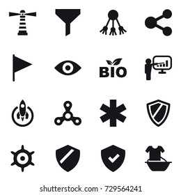 16 vector icon set : lighthouse, funnel, share, flag, eye, bio, presentation, rocket, spinner, shield, handwheel, handle washing