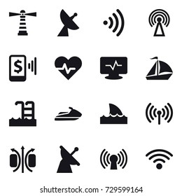 16 vector icon set : lighthouse, satellite antenna, wireless, antenna, mobile pay, sail boat, pool, jet ski, shark flipper