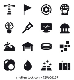 16 vector icon set : lighthouse, flag, around gear, notebook globe, bulb brain, goverment house, surfer, garage, inflatable pool, drop, clean floor, clean  window