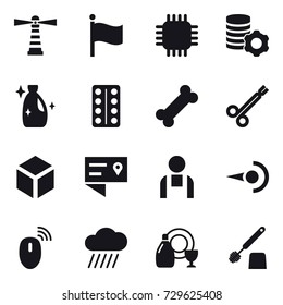 16 vector icon set : lighthouse, flag, chip, virtual mining, cleanser, 3d, rain cloud, dish cleanser, toilet brush