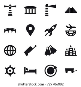 16 vector icon set : lighthouse, airport building, pyramid, bridge, globe, suitcase, flippers, hotel, handwheel, bed, trailer