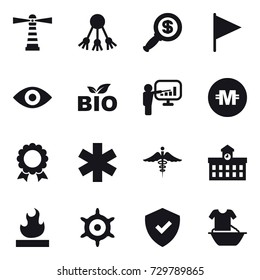 16 vector icon set : lighthouse, share, dollar magnifier, flag, eye, bio, presentation, crypto currency, medal, university, handwheel, handle washing