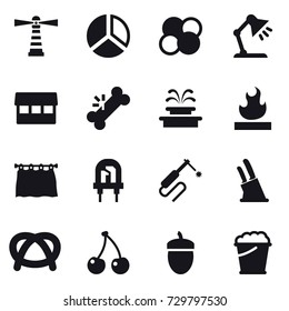 16 vector icon set : lighthouse, diagram, atom core, table lamp, market, fountain, curtain, knife holder, cherry, acorn, foam bucket