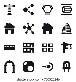 16 vector icon set : lighthouse, molecule, hex molecule, nanotube, home, skyscraper, bunker, modular house, panel house, tower crane, arch