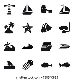 16 vector icon set : lighthouse, boat, sail boat, island, starfish, flippers, diving mask, surfer, jet ski, cruise ship, yacht, shark flipper, jellyfish, fish