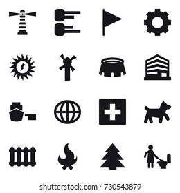 16 vector icon set : lighthouse, diagram, flag, gear, sun power, windmill, stadium, globe, first aid, dog, radiator, fire, spruce, toilet cleaning