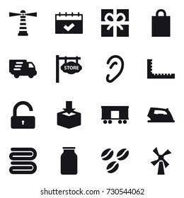 16 vector icon set : lighthouse, calendar, gift, shopping bag, delivery, store signboard, ruler, unlock, iron, towel, coffee seeds, windmill
