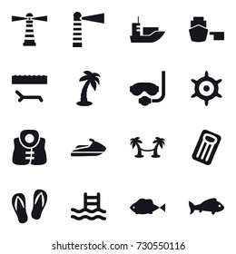 16 vector icon set : lighthouse, lounger, palm, diving mask, handwheel, life vest, jet ski, palm hammock, inflatable mattress, flip-flops, pool, fish