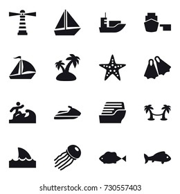 16 vector icon set : lighthouse, boat, sail boat, island, starfish, flippers, surfer, jet ski, cruise ship, palm hammock, shark flipper, jellyfish, fish