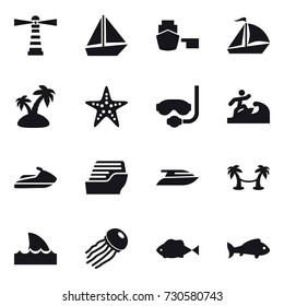 16 vector icon set : lighthouse, boat, sail boat, island, starfish, diving mask, surfer, jet ski, cruise ship, yacht, palm hammock, shark flipper, jellyfish, fish
