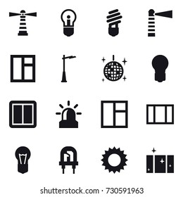 16 vector icon set : lighthouse, bulb, window, outdoor light, disco ball, power switch, alarm, sun, clean  window