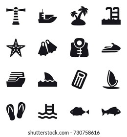 16 vector icon set : lighthouse, island, pool, starfish, flippers, life vest, jet ski, cruise ship, shark flipper, inflatable mattress, windsurfing, flip-flops, fish