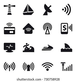 16 vector icon set : lighthouse, boat, satellite antenna, wireless, tap to pay, wireless home, antenna, mobile pay, surfer, jet ski, shark flipper