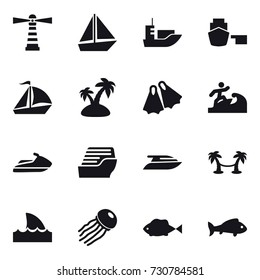 16 vector icon set : lighthouse, boat, sail boat, island, flippers, surfer, jet ski, cruise ship, yacht, palm hammock, shark flipper, jellyfish, fish