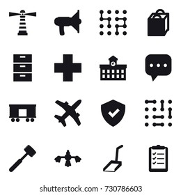 16 vector icon set : lighthouse, loudspeaker, chip, shopping bag, university, meat hammer, hard reach place cleaning, scoop, clipboard list