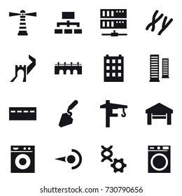 16 vector icon set : lighthouse, hierarchy, server, greate wall, bridge, building, skyscrapers, bunker, construction, tower crane, garage, washing machine