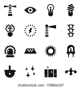 16 vector icon set : lighthouse, eye, bulb, bulb brain, lightning, taxi, sun, shining, clean  window, hard reach place cleaning