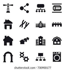 16 vector icon set : lighthouse, molecule, structure, nanotube, home, bridge, houses, building, house, arch, hierarchy, washing machine