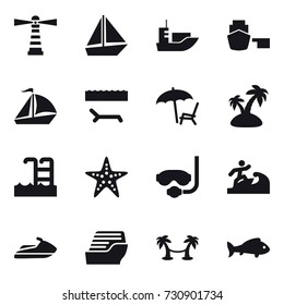 16 vector icon set : lighthouse, boat, sail boat, lounger, island, pool, starfish, diving mask, surfer, jet ski, cruise ship, palm hammock, fish