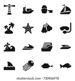 16 vector icon set : lighthouse, sail boat, island, starfish, flippers, diving mask, surfer, jet ski, cruise ship, yacht, shark flipper, jellyfish, fish