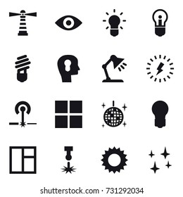 16 vector icon set : lighthouse, eye, bulb, bulb head, table lamp, lightning, laser, window, disco ball, sun, shining