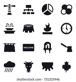 16 vector icon set : lighthouse, hierarchy, diagram, atom core, fountain, stadium, watch, curtain, welcome mat, turk, rain cloud, cow, udder, maple leaf