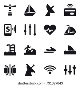 16 vector icon set : lighthouse, boat, satellite antenna, tap to pay, mobile pay, equalizer, sail boat, pool, surfer, jet ski, shark flipper