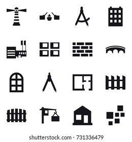 16 vector icon set : lighthouse, drawbridge, draw compass, building, mall, panel house, brick wall, bridge, arch window, drawing compass, plan, fence, home