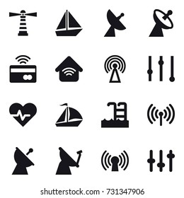 16 vector icon set : lighthouse, boat, satellite antenna, tap to pay, wireless home, antenna, equalizer, sail boat, pool, wireless