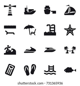 16 vector icon set : lighthouse, sail boat, lounger, pool, starfish, surfer, jet ski, yacht, palm hammock, inflatable mattress, flip-flops