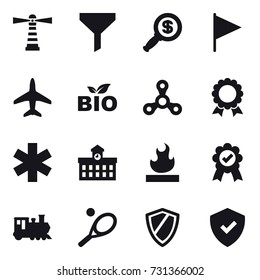 16 vector icon set : lighthouse, funnel, dollar magnifier, flag, plane, bio, spinner, medal, university, train, tennis, shield