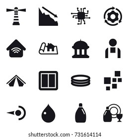 16 vector icon set : lighthouse, crisis, chip, around gear, wireless home, project, goverment house, tent, power switch, inflatable pool, drop, cleanser, dish cleanser