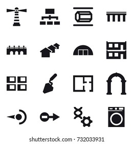 16 vector icon set : lighthouse, hierarchy, nanotube, bridge, houses, hangare, modular house, panel house, construction, plan, arch, washing machine
