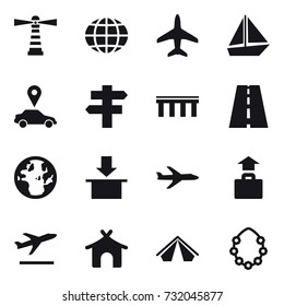 16 vector icon set : lighthouse, globe, plane, boat, car pointer, singlepost, bridge, baggage, departure, bungalow, tent, hawaiian wreath