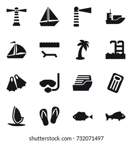 16 vector icon set : lighthouse, boat, sail boat, lounger, palm, pool, flippers, diving mask, cruise ship, inflatable mattress, windsurfing, flip-flops, fish