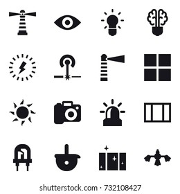 16 vector icon set : lighthouse, eye, bulb, bulb brain, lightning, laser, window, sun, camera, alarm, clean  window, hard reach place cleaning