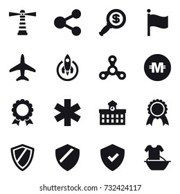 16 vector icon set : lighthouse, share, dollar magnifier, flag, plane, rocket, spinner, crypto currency, medal, university, shield, handle washing