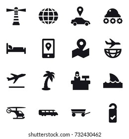 16 vector icon set : lighthouse, globe, car pointer, lunar rover, departure, palm, reception, shark flipper, trailer, please clean