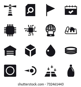 16 vector icon set : lighthouse, search document, flag, calendar, chip, notebook globe, project, garage, 3d, drop, inflatable pool, ring button, clean floor, cleanser